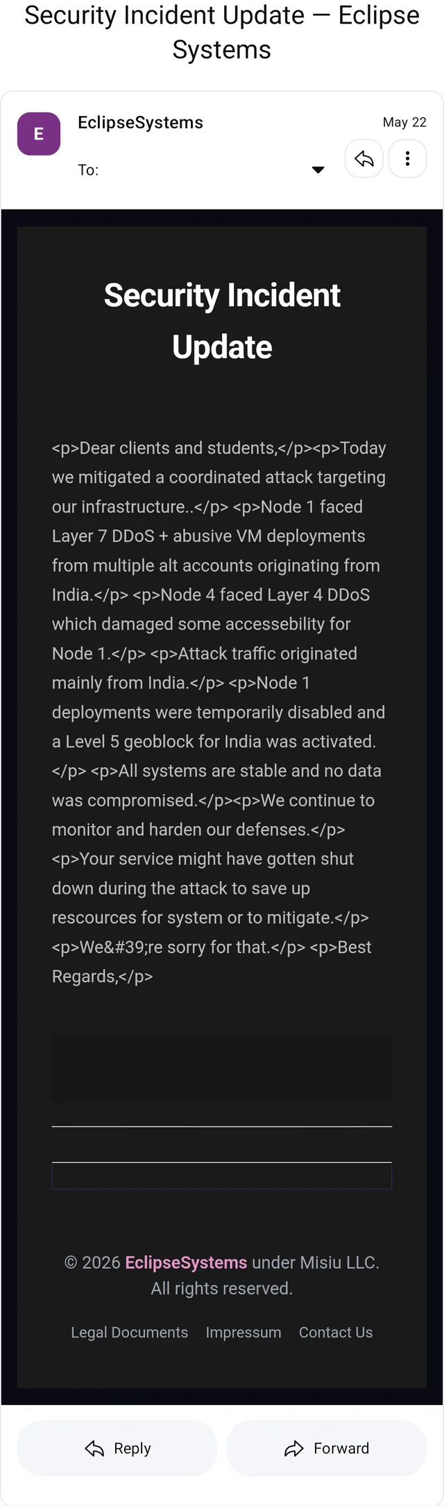 Security Incident Update — Eclipse Systems #1 – Image